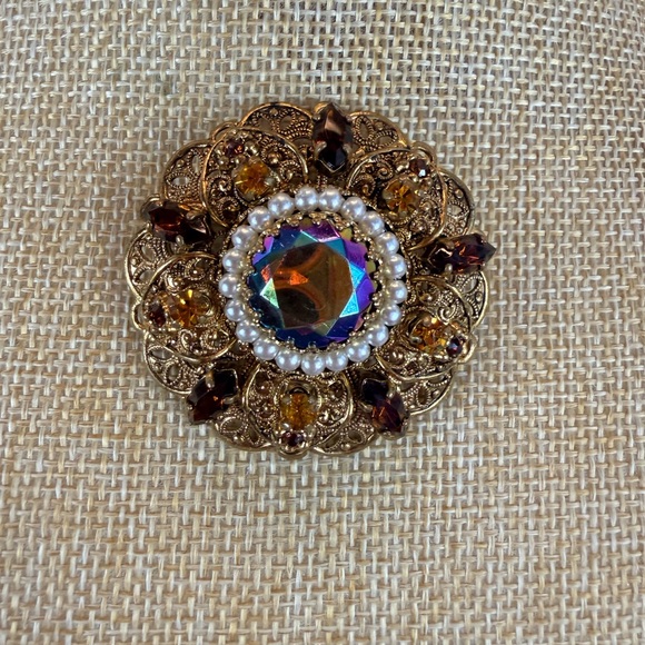 West Germany Jewelry - Vintage West Germany Gold and Multicolor Brooch With AB Center Stone